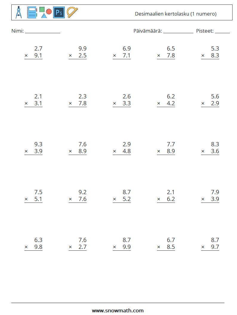 (25) Desimaalien kertolasku (1 numero) Matematiikan laskentataulukot 15