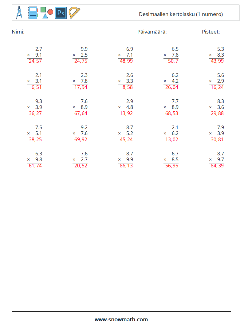 (25) Desimaalien kertolasku (1 numero) Matematiikan laskentataulukot 15 Kysymys, vastaus