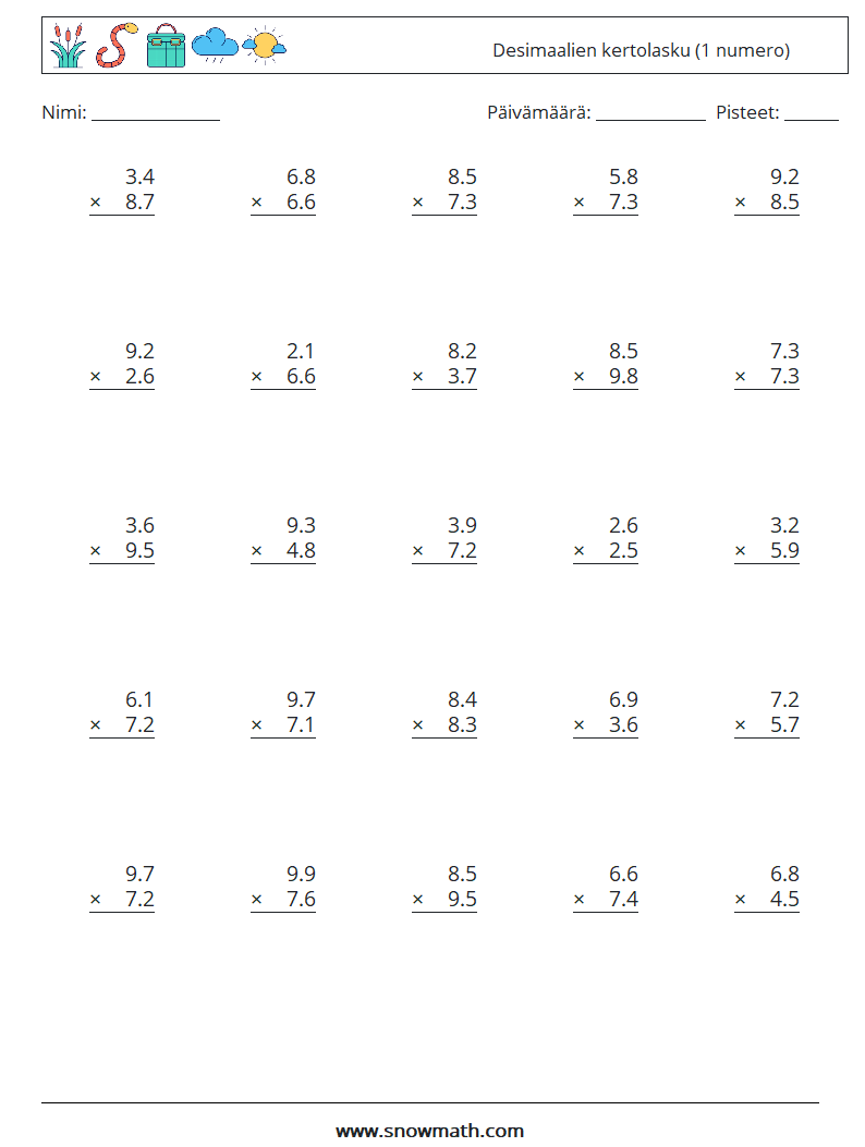 (25) Desimaalien kertolasku (1 numero) Matematiikan laskentataulukot 16