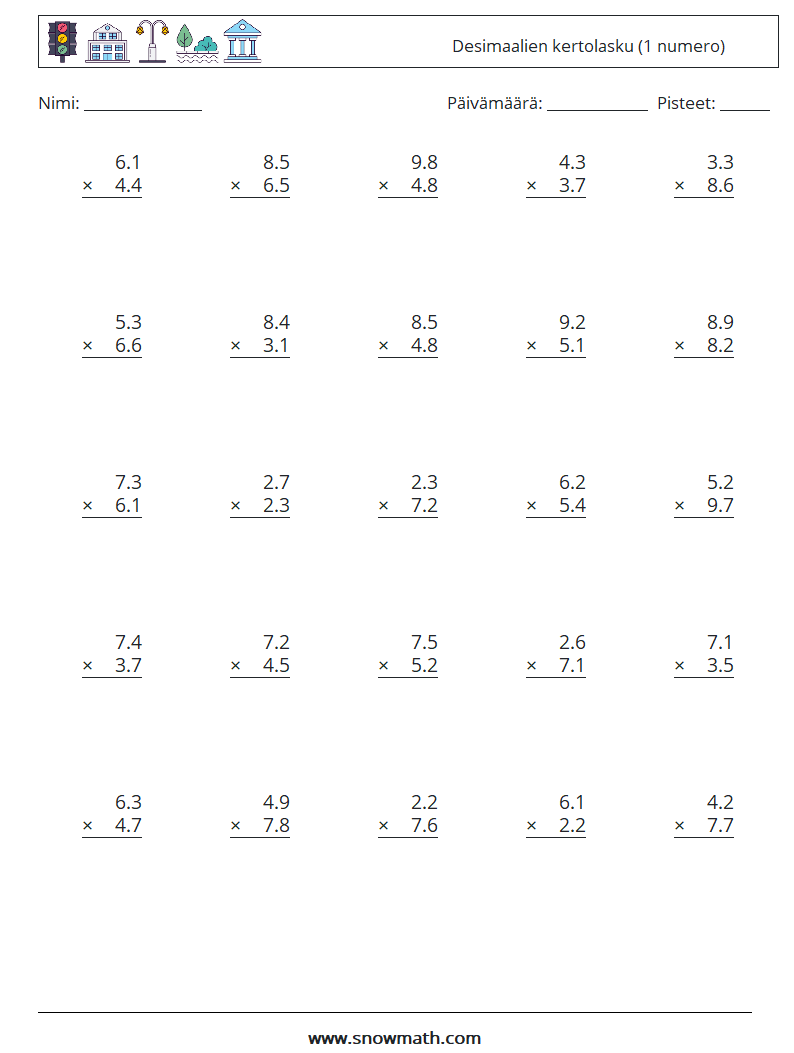 (25) Desimaalien kertolasku (1 numero) Matematiikan laskentataulukot 17