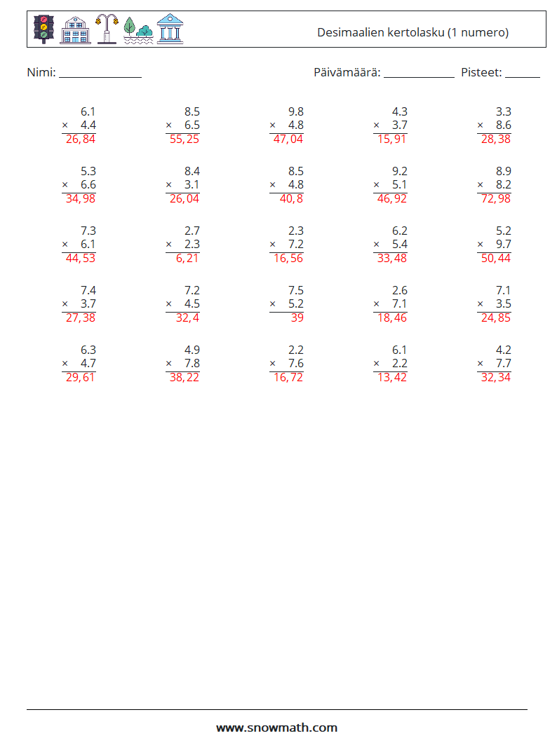(25) Desimaalien kertolasku (1 numero) Matematiikan laskentataulukot 17 Kysymys, vastaus