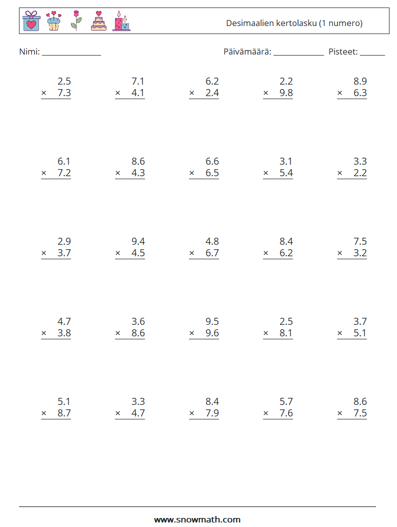 (25) Desimaalien kertolasku (1 numero) Matematiikan laskentataulukot 18