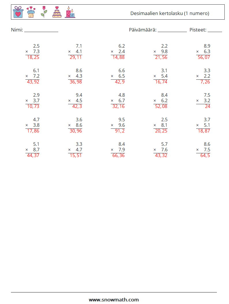 (25) Desimaalien kertolasku (1 numero) Matematiikan laskentataulukot 18 Kysymys, vastaus