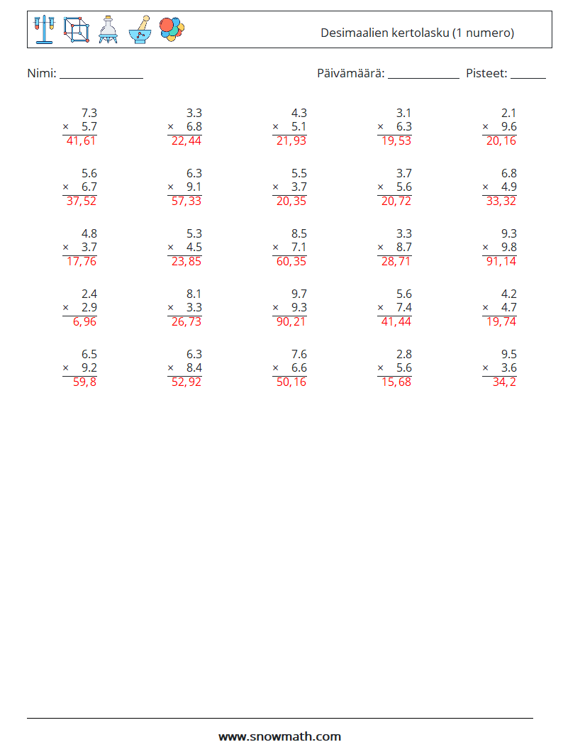 (25) Desimaalien kertolasku (1 numero) Matematiikan laskentataulukot 1 Kysymys, vastaus