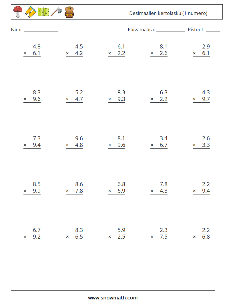 (25) Desimaalien kertolasku (1 numero) Matematiikan laskentataulukot 2