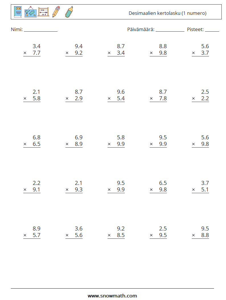 (25) Desimaalien kertolasku (1 numero) Matematiikan laskentataulukot 3