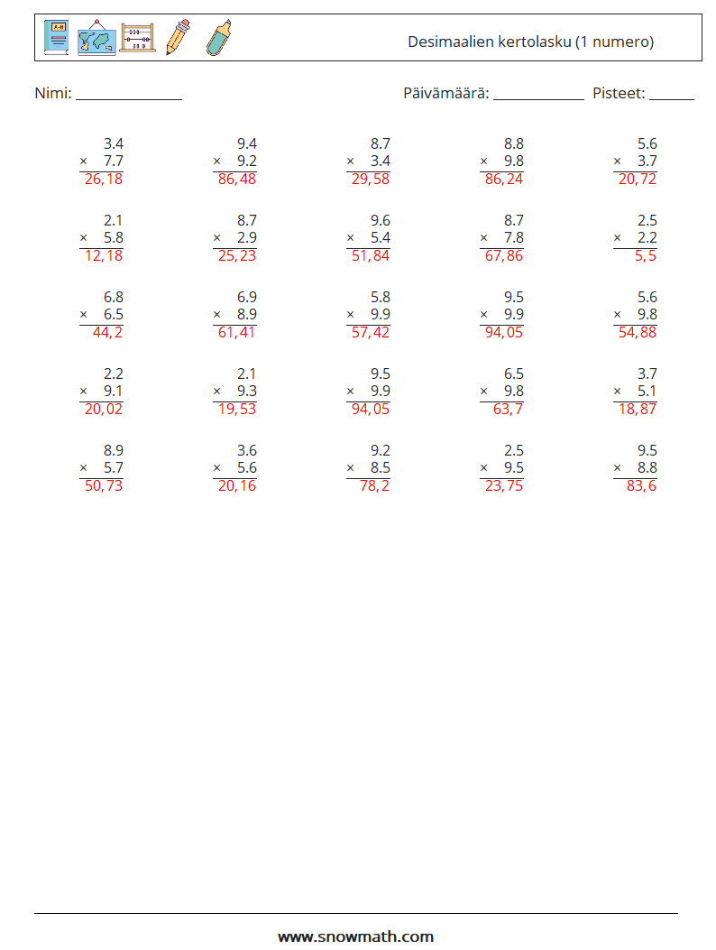 (25) Desimaalien kertolasku (1 numero) Matematiikan laskentataulukot 3 Kysymys, vastaus