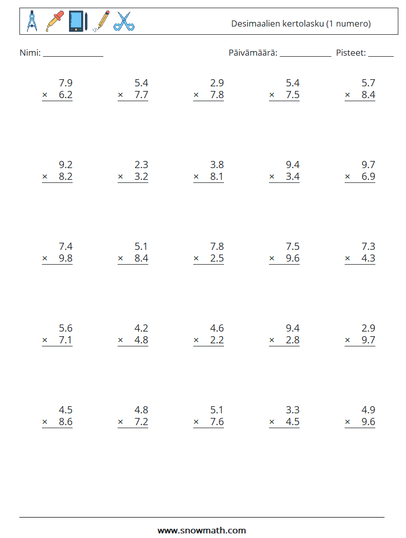 (25) Desimaalien kertolasku (1 numero) Matematiikan laskentataulukot 4