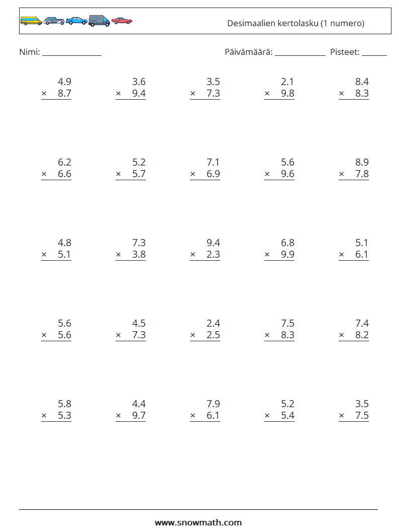 (25) Desimaalien kertolasku (1 numero) Matematiikan laskentataulukot 5