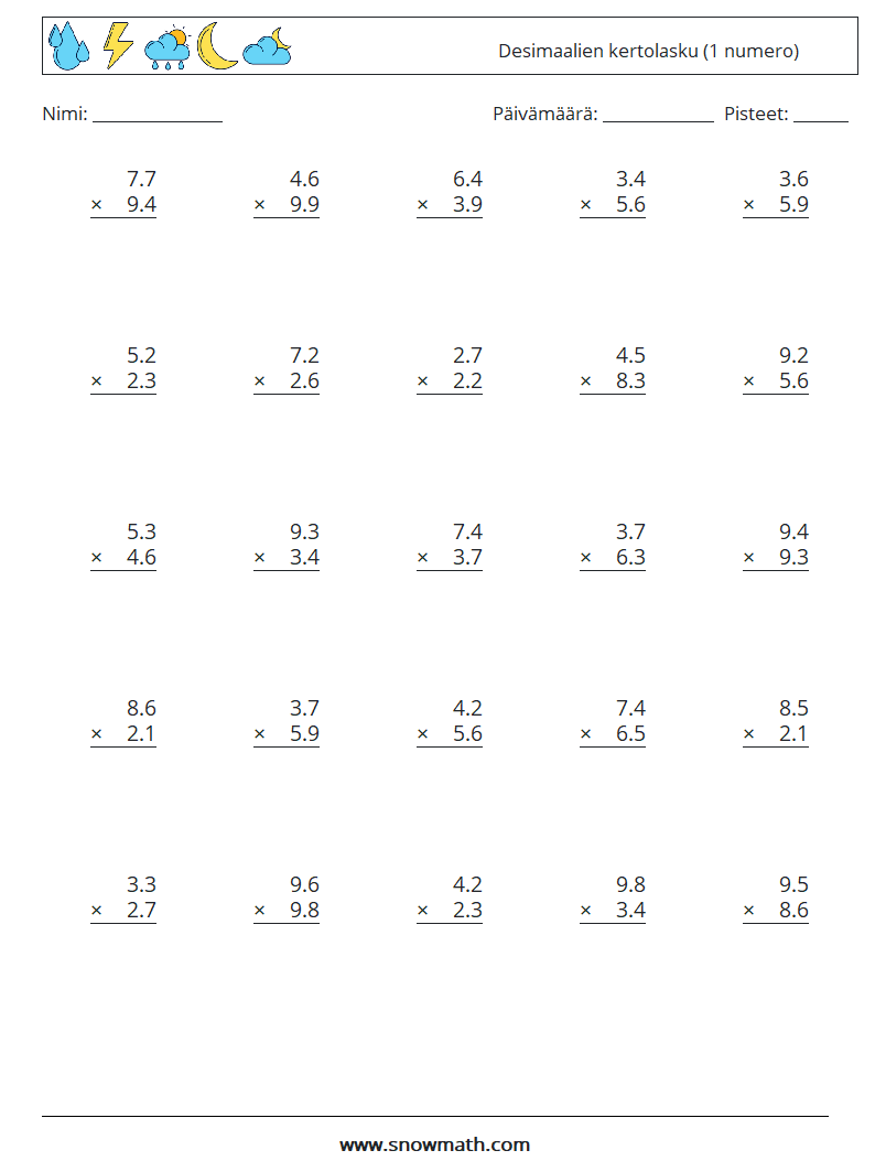 (25) Desimaalien kertolasku (1 numero) Matematiikan laskentataulukot 6