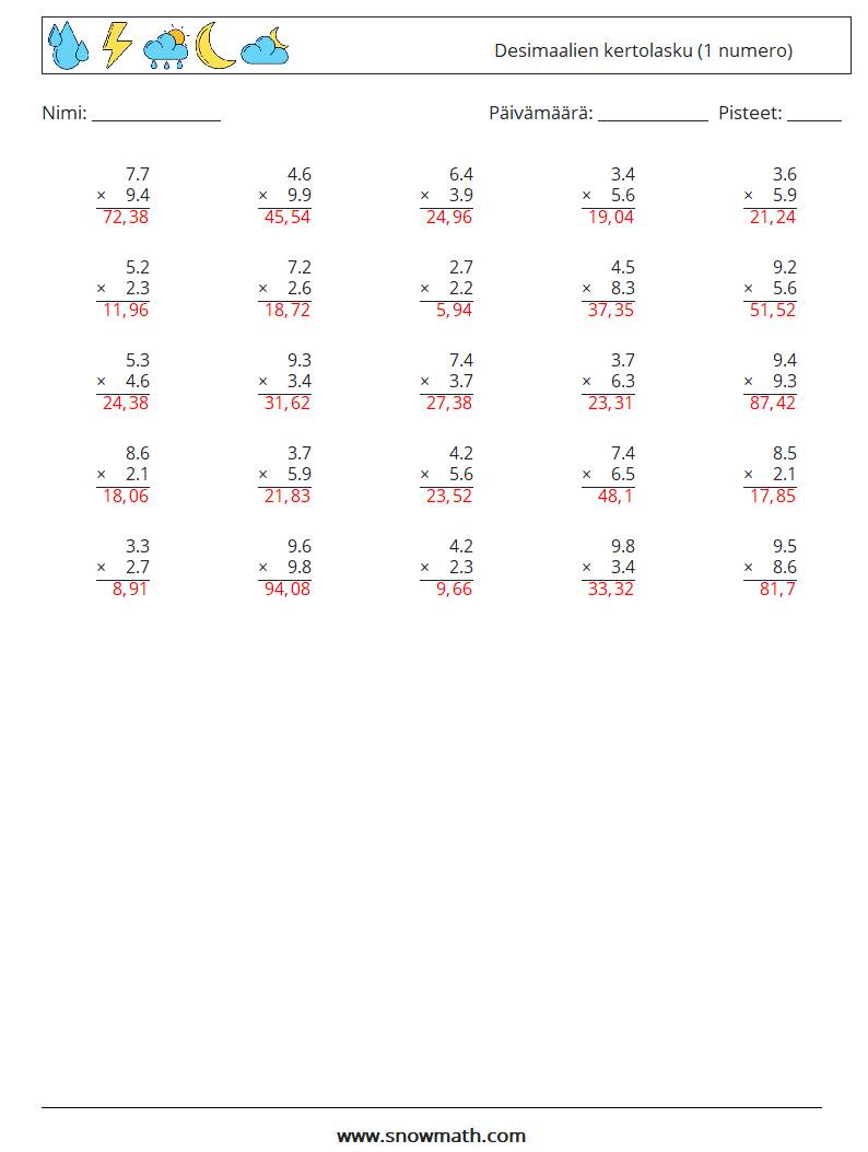 (25) Desimaalien kertolasku (1 numero) Matematiikan laskentataulukot 6 Kysymys, vastaus