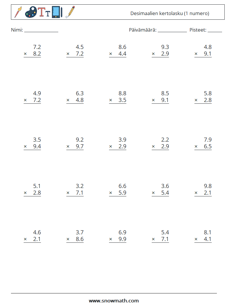 (25) Desimaalien kertolasku (1 numero) Matematiikan laskentataulukot 9