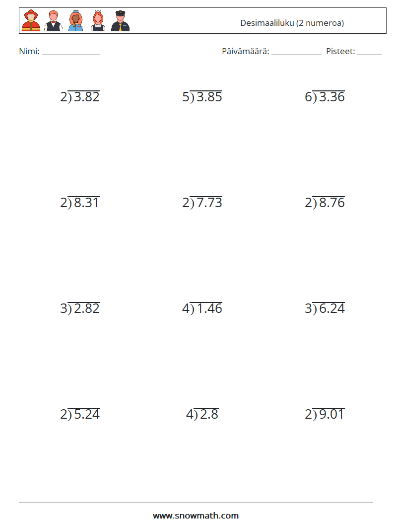 (12) Desimaaliluku (2 numeroa) Matematiikan laskentataulukot 10