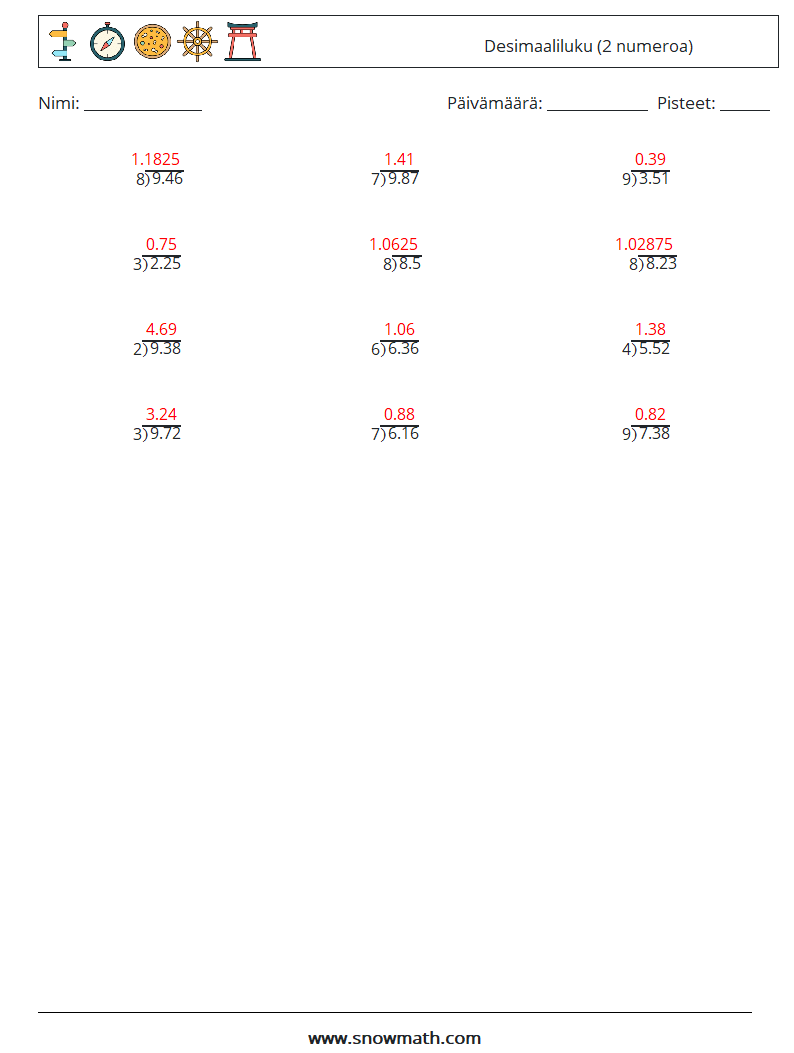 (12) Desimaaliluku (2 numeroa) Matematiikan laskentataulukot 13 Kysymys, vastaus