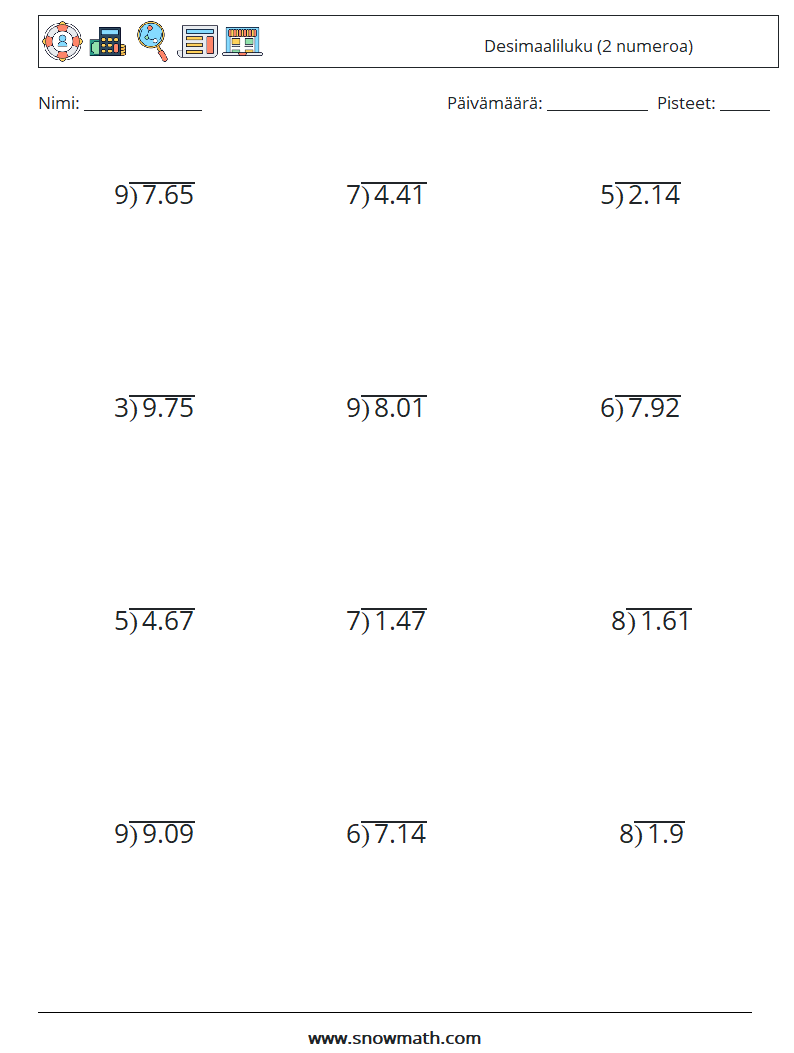 (12) Desimaaliluku (2 numeroa) Matematiikan laskentataulukot 15