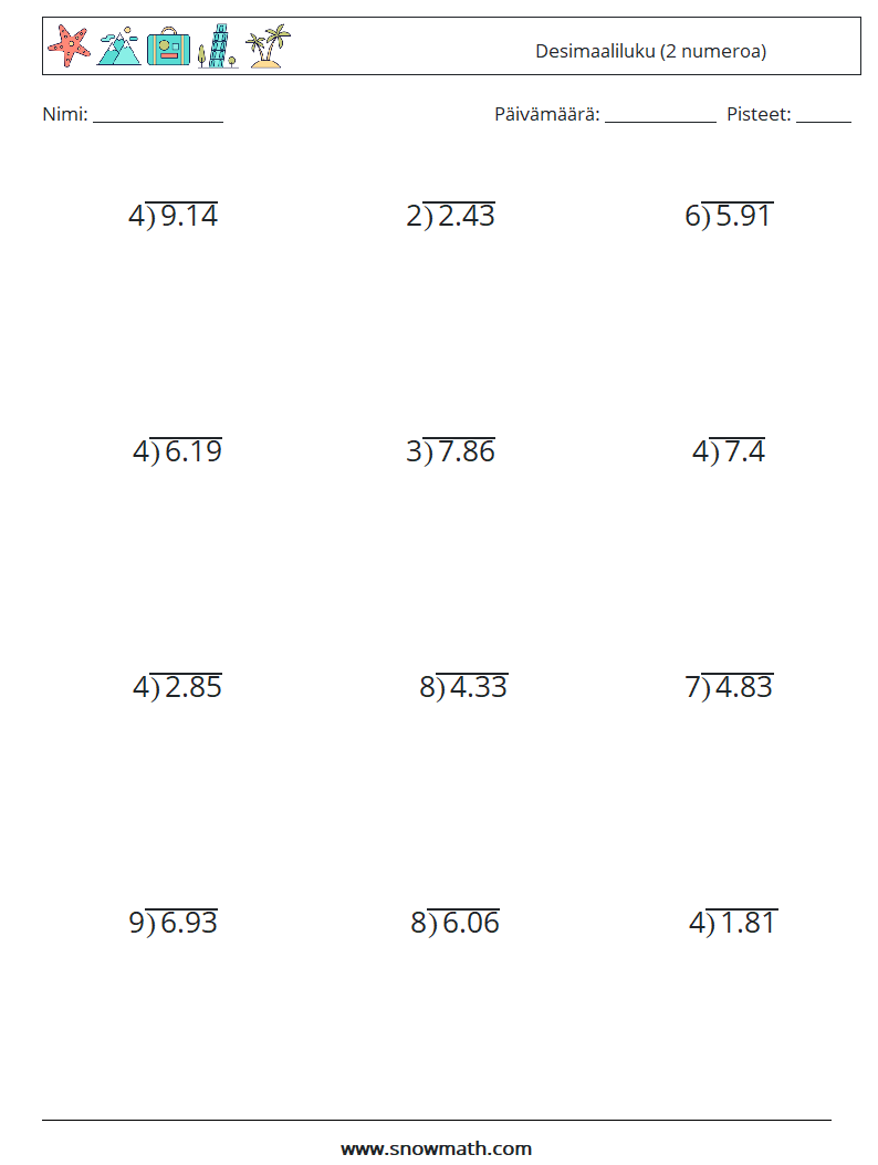 (12) Desimaaliluku (2 numeroa) Matematiikan laskentataulukot 18