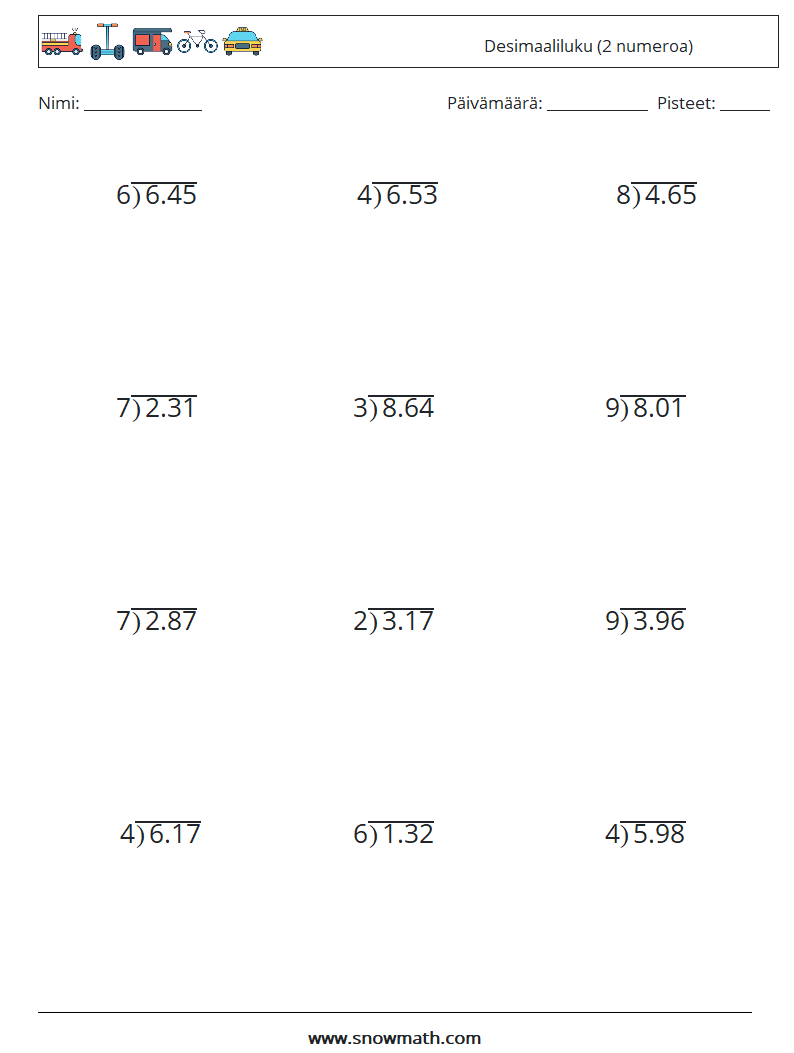 (12) Desimaaliluku (2 numeroa) Matematiikan laskentataulukot 3