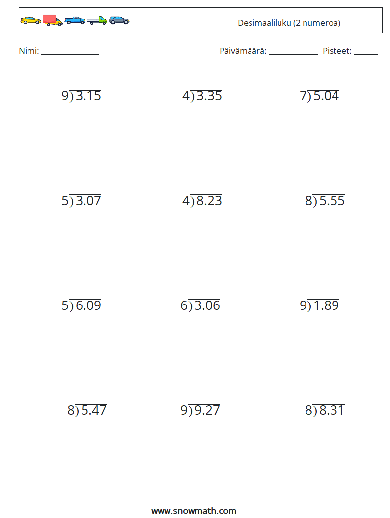 (12) Desimaaliluku (2 numeroa) Matematiikan laskentataulukot 5