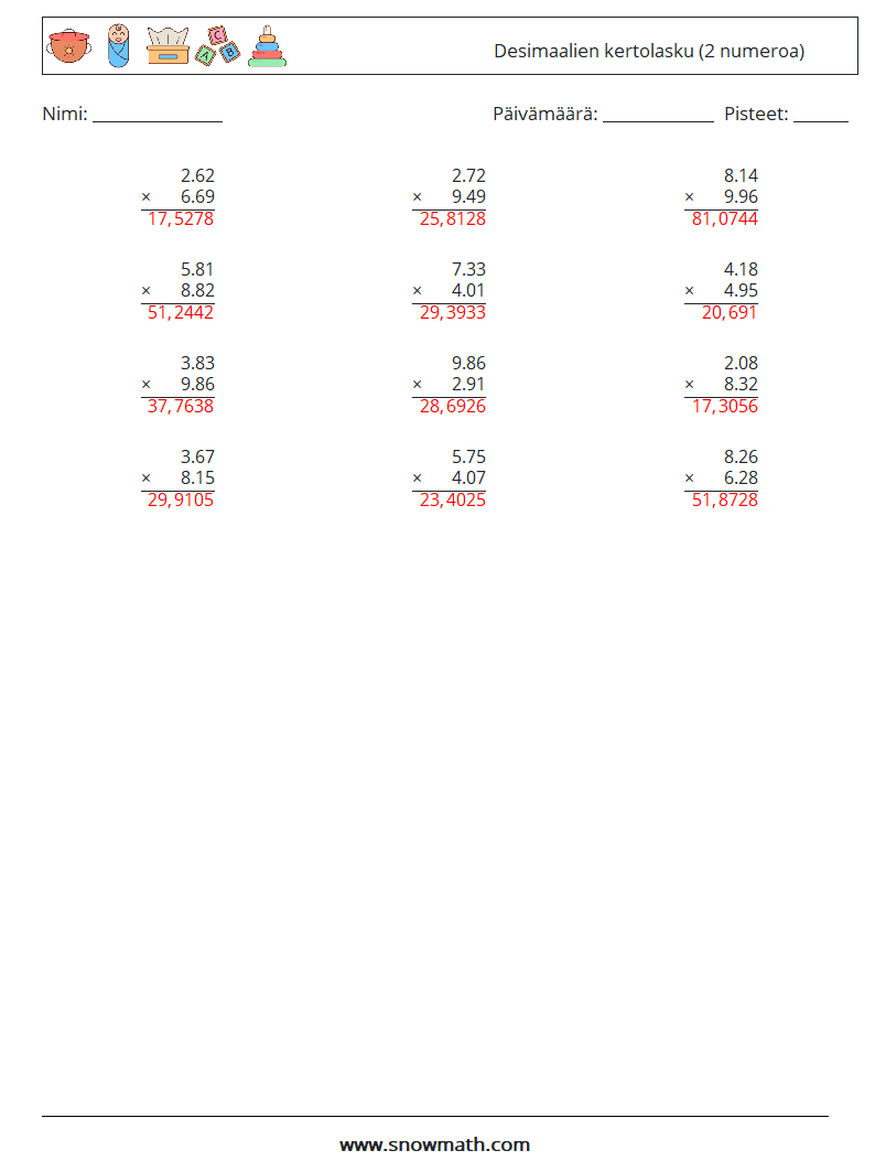 (12) Desimaalien kertolasku (2 numeroa) Matematiikan laskentataulukot 13 Kysymys, vastaus