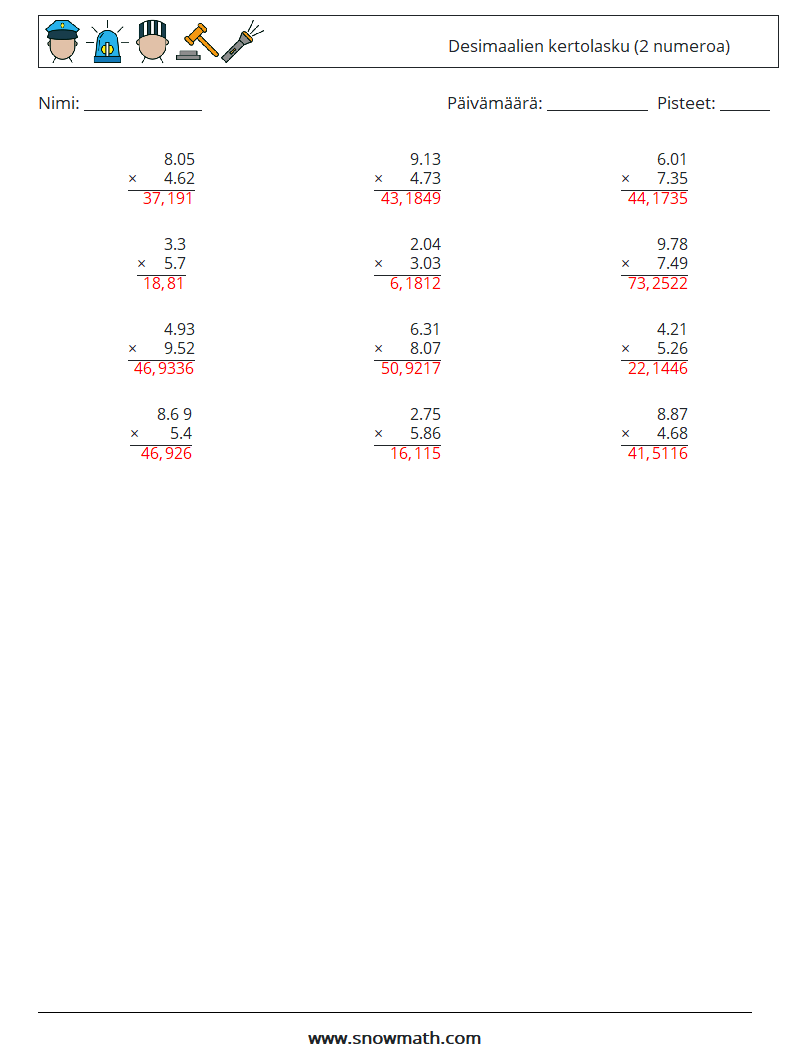 (12) Desimaalien kertolasku (2 numeroa) Matematiikan laskentataulukot 16 Kysymys, vastaus