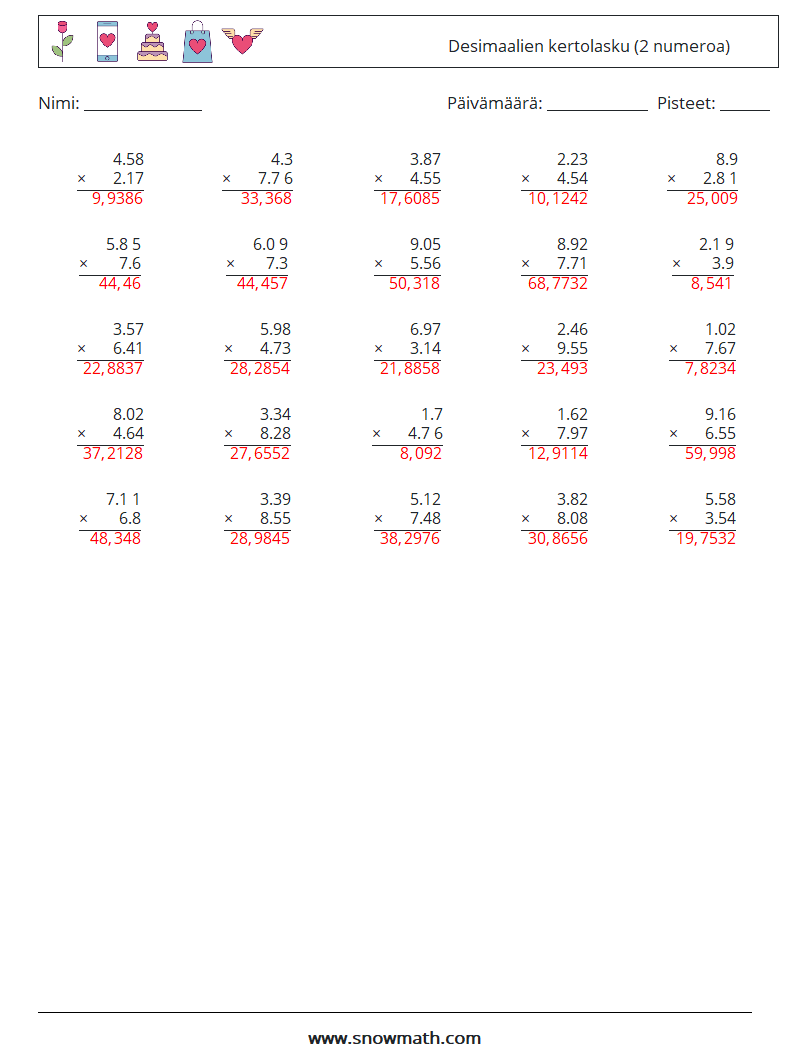 (25) Desimaalien kertolasku (2 numeroa) Matematiikan laskentataulukot 11 Kysymys, vastaus