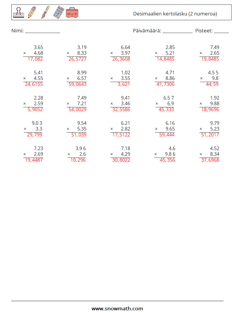 (25) Desimaalien kertolasku (2 numeroa) Matematiikan laskentataulukot 12 Kysymys, vastaus