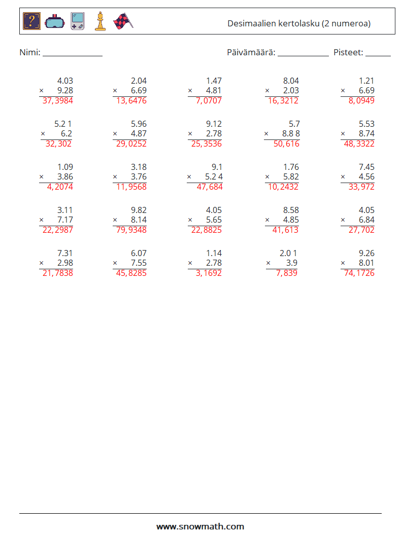(25) Desimaalien kertolasku (2 numeroa) Matematiikan laskentataulukot 13 Kysymys, vastaus