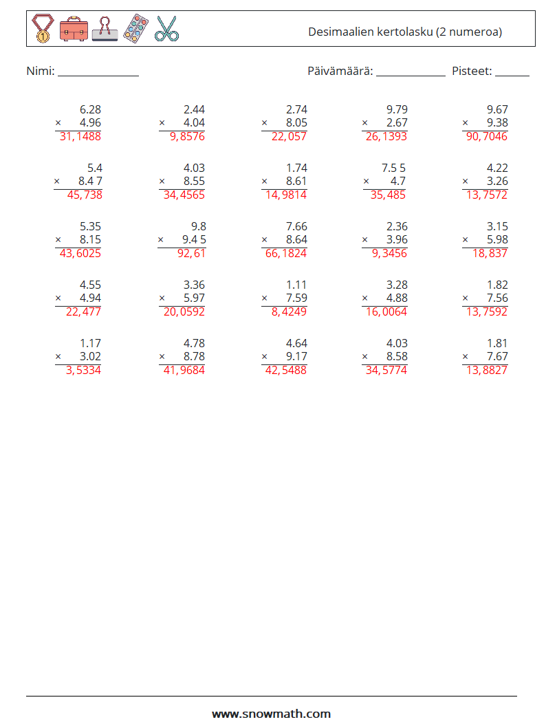 (25) Desimaalien kertolasku (2 numeroa) Matematiikan laskentataulukot 15 Kysymys, vastaus