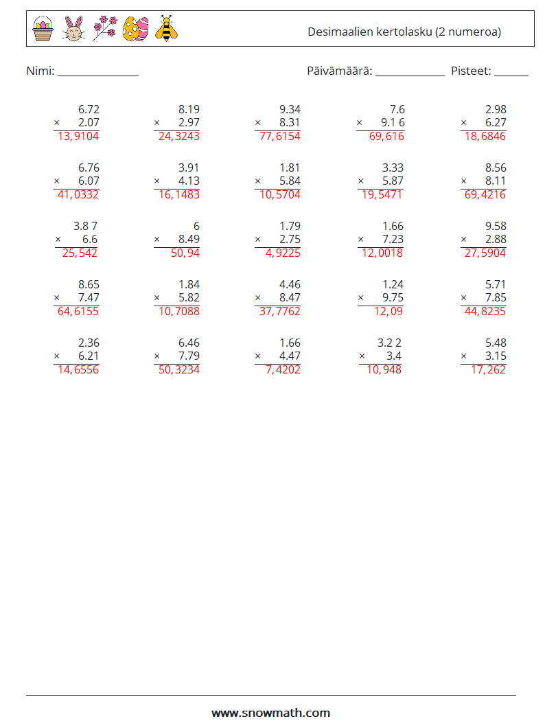 (25) Desimaalien kertolasku (2 numeroa) Matematiikan laskentataulukot 17 Kysymys, vastaus