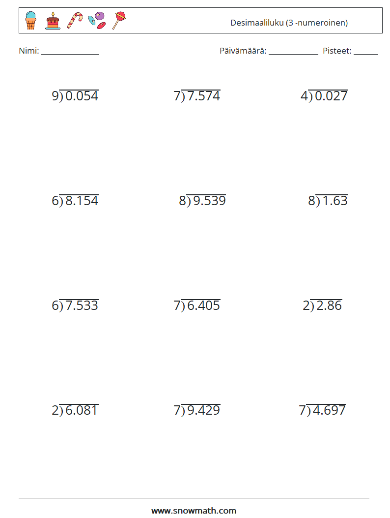 (12) Desimaaliluku (3 -numeroinen) Matematiikan laskentataulukot 7