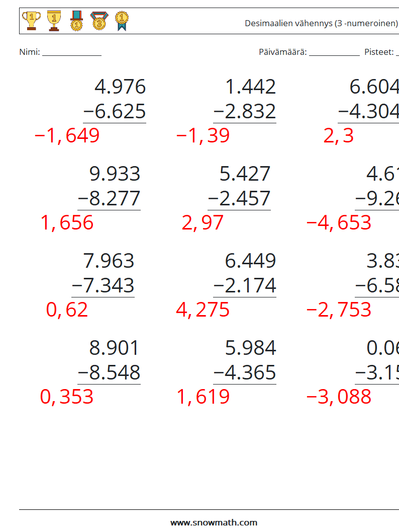 (12) Desimaalien vähennys (3 -numeroinen) Matematiikan laskentataulukot 18 Kysymys, vastaus