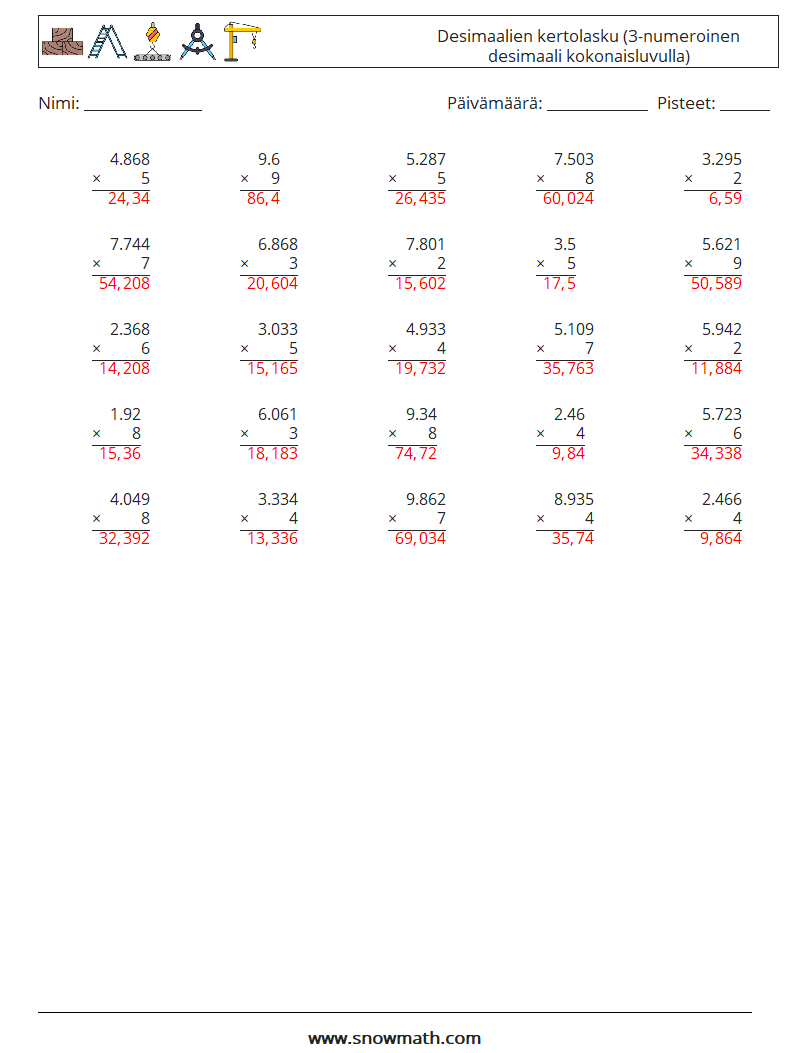 (25) Desimaalien kertolasku (3-numeroinen desimaali kokonaisluvulla) Matematiikan laskentataulukot 16 Kysymys, vastaus