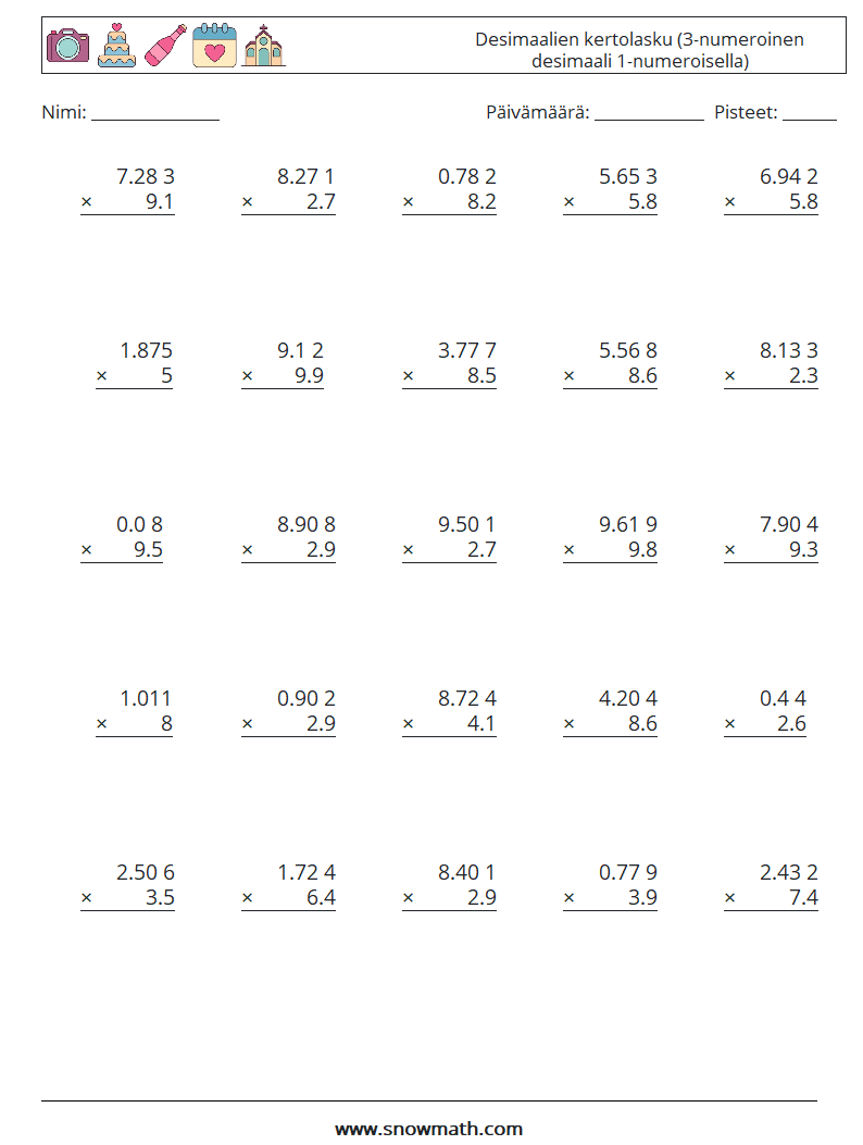 (25) Desimaalien kertolasku (3-numeroinen desimaali 1-numeroisella) Matematiikan laskentataulukot 12