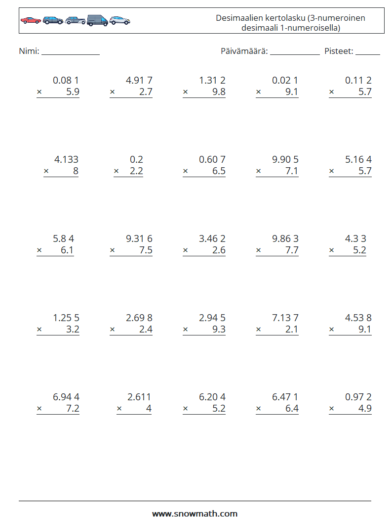 (25) Desimaalien kertolasku (3-numeroinen desimaali 1-numeroisella) Matematiikan laskentataulukot 13