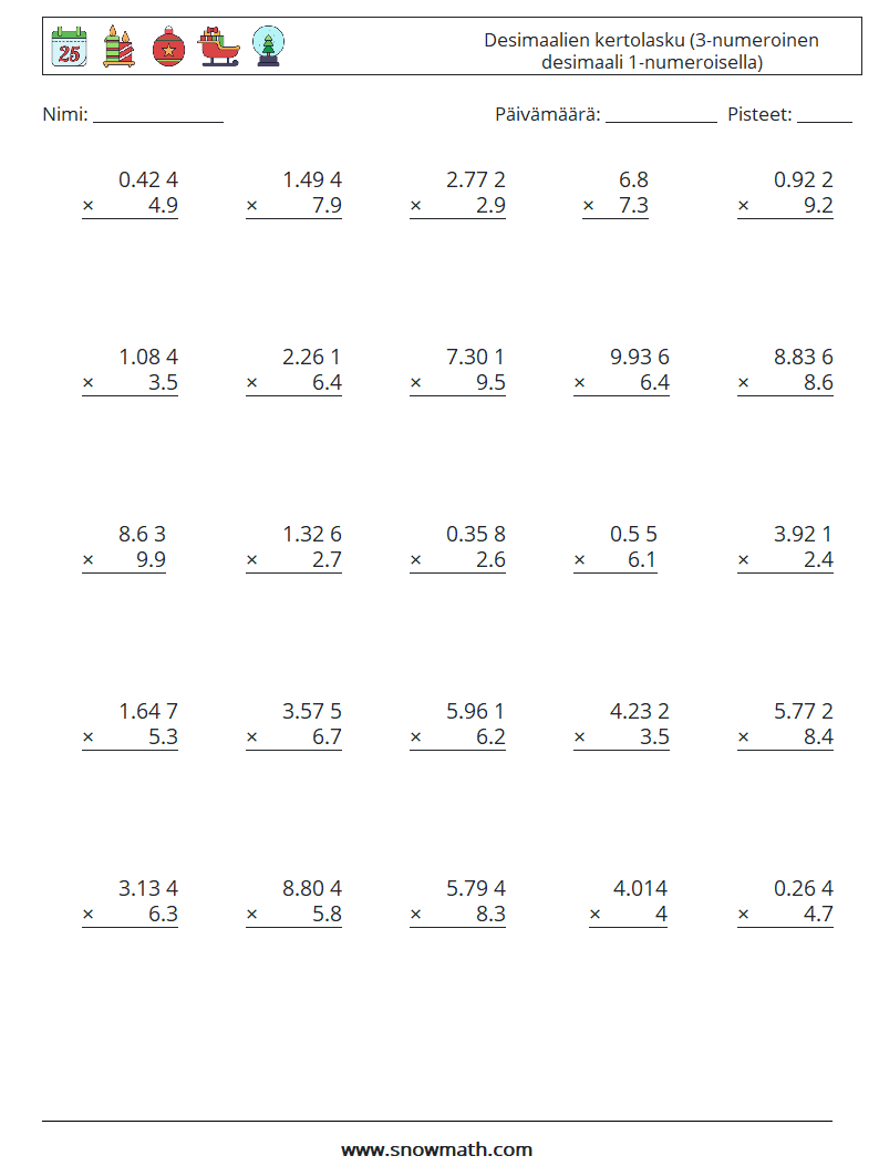 (25) Desimaalien kertolasku (3-numeroinen desimaali 1-numeroisella) Matematiikan laskentataulukot 14