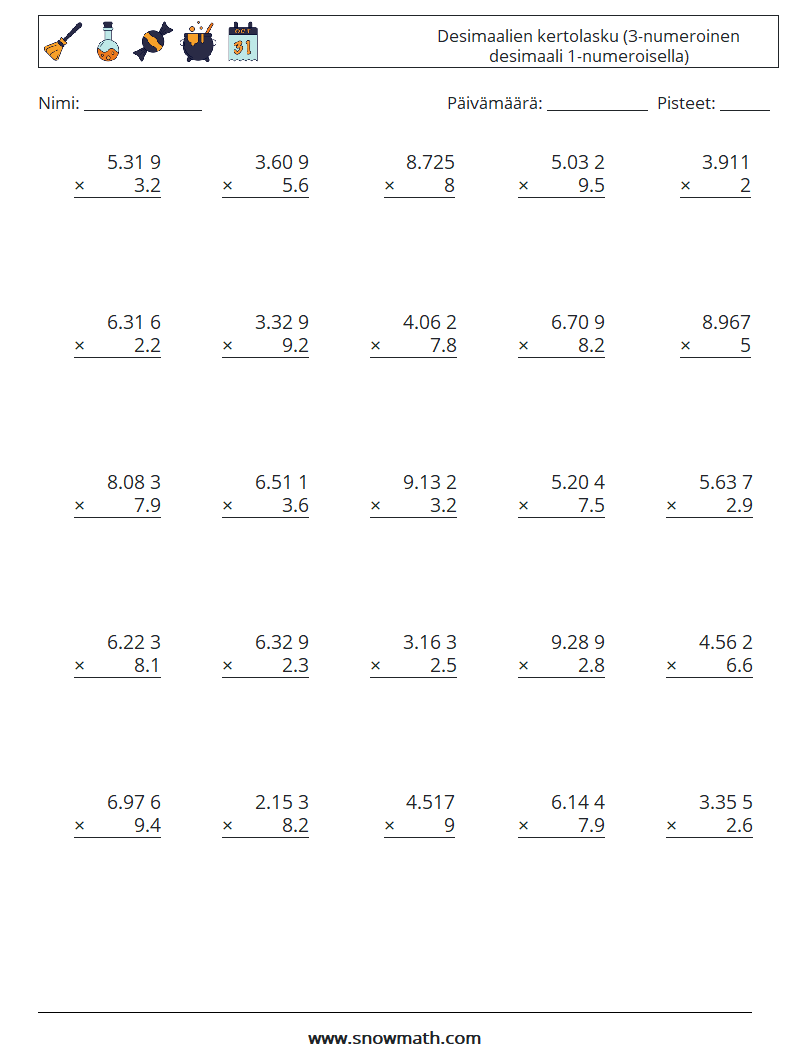 (25) Desimaalien kertolasku (3-numeroinen desimaali 1-numeroisella) Matematiikan laskentataulukot 15