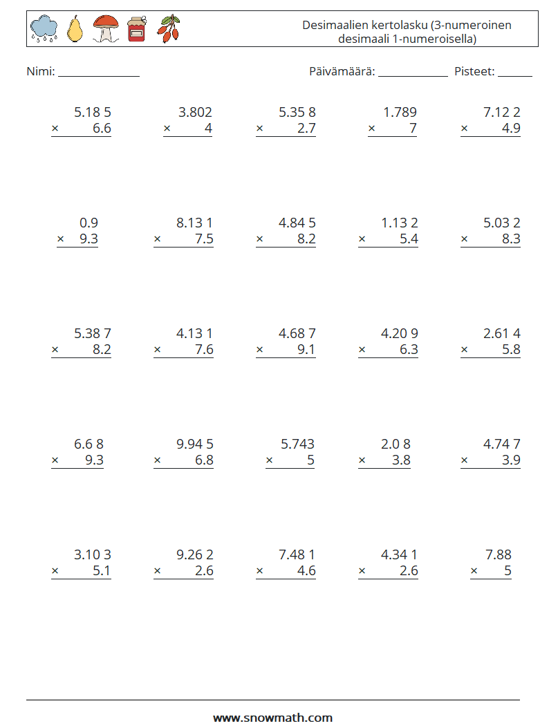 (25) Desimaalien kertolasku (3-numeroinen desimaali 1-numeroisella) Matematiikan laskentataulukot 16