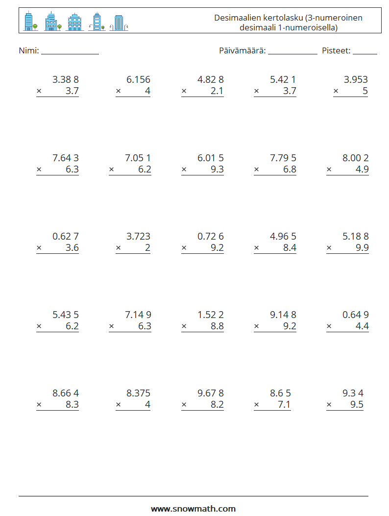 (25) Desimaalien kertolasku (3-numeroinen desimaali 1-numeroisella) Matematiikan laskentataulukot 17