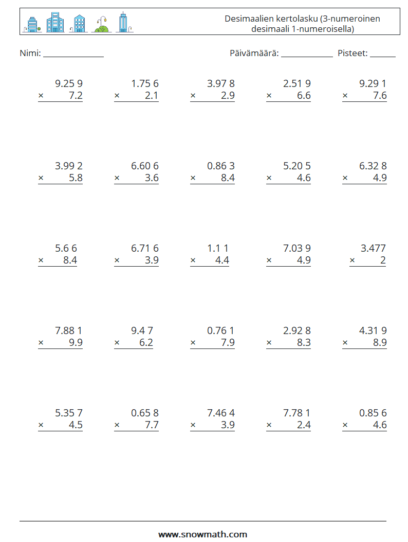 (25) Desimaalien kertolasku (3-numeroinen desimaali 1-numeroisella) Matematiikan laskentataulukot 18