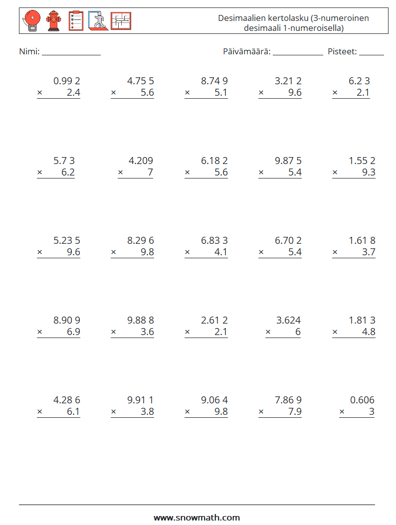 (25) Desimaalien kertolasku (3-numeroinen desimaali 1-numeroisella) Matematiikan laskentataulukot 2