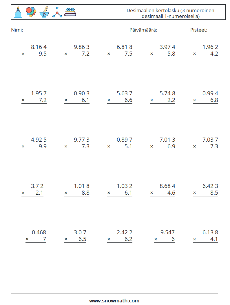 (25) Desimaalien kertolasku (3-numeroinen desimaali 1-numeroisella) Matematiikan laskentataulukot 3