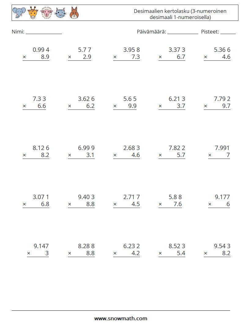 (25) Desimaalien kertolasku (3-numeroinen desimaali 1-numeroisella) Matematiikan laskentataulukot 4