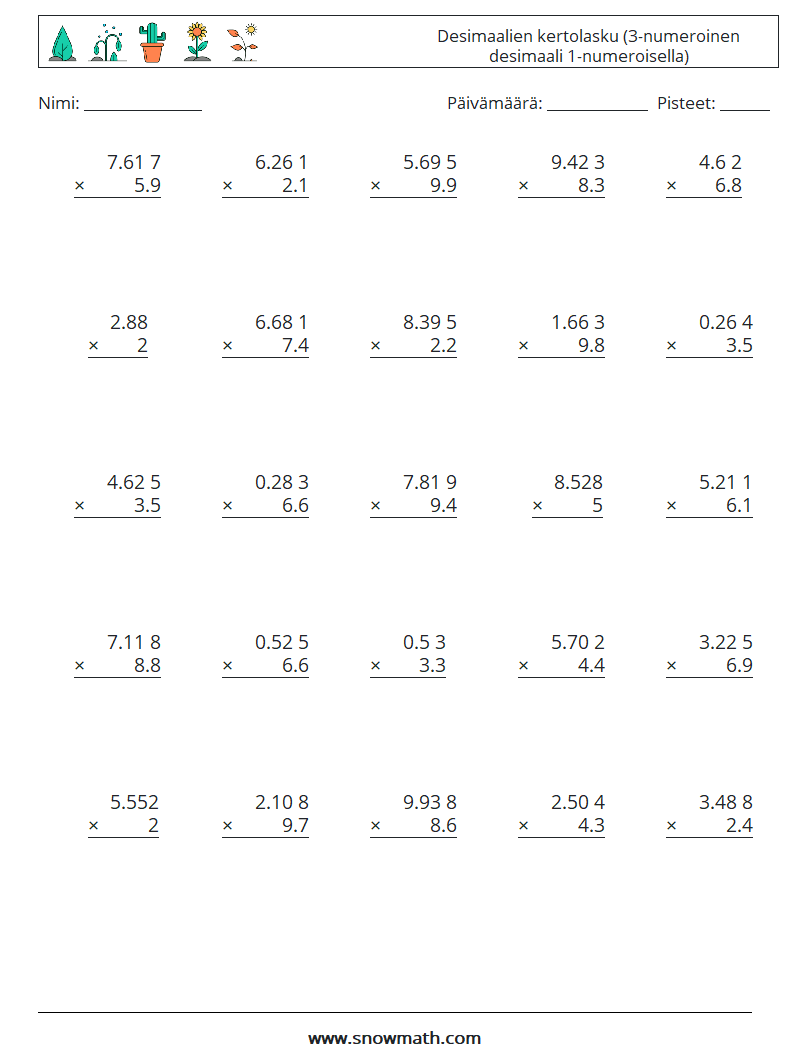 (25) Desimaalien kertolasku (3-numeroinen desimaali 1-numeroisella) Matematiikan laskentataulukot 5