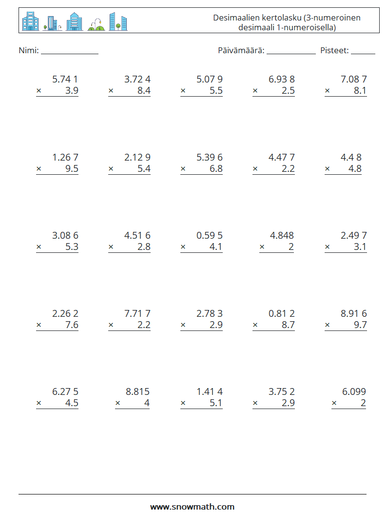 (25) Desimaalien kertolasku (3-numeroinen desimaali 1-numeroisella) Matematiikan laskentataulukot 8