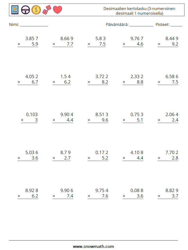(25) Desimaalien kertolasku (3-numeroinen desimaali 1-numeroisella) Matematiikan laskentataulukot 9