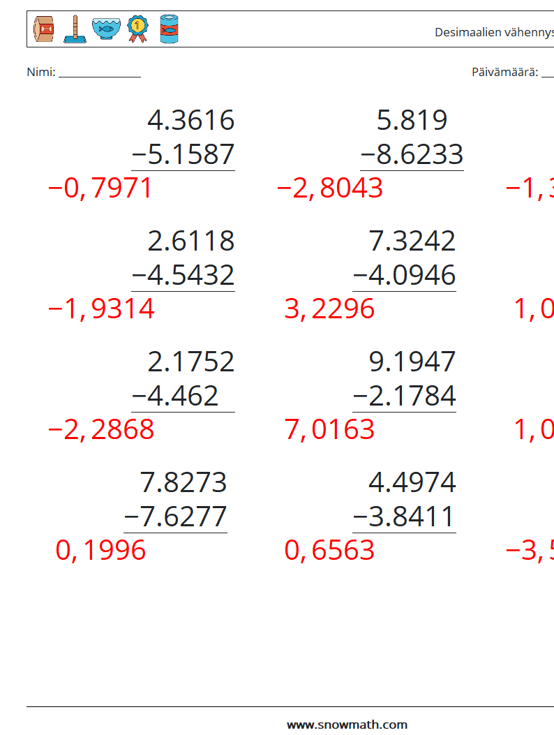 (12) Desimaalien vähennys (4 numeroa) Matematiikan laskentataulukot 10 Kysymys, vastaus