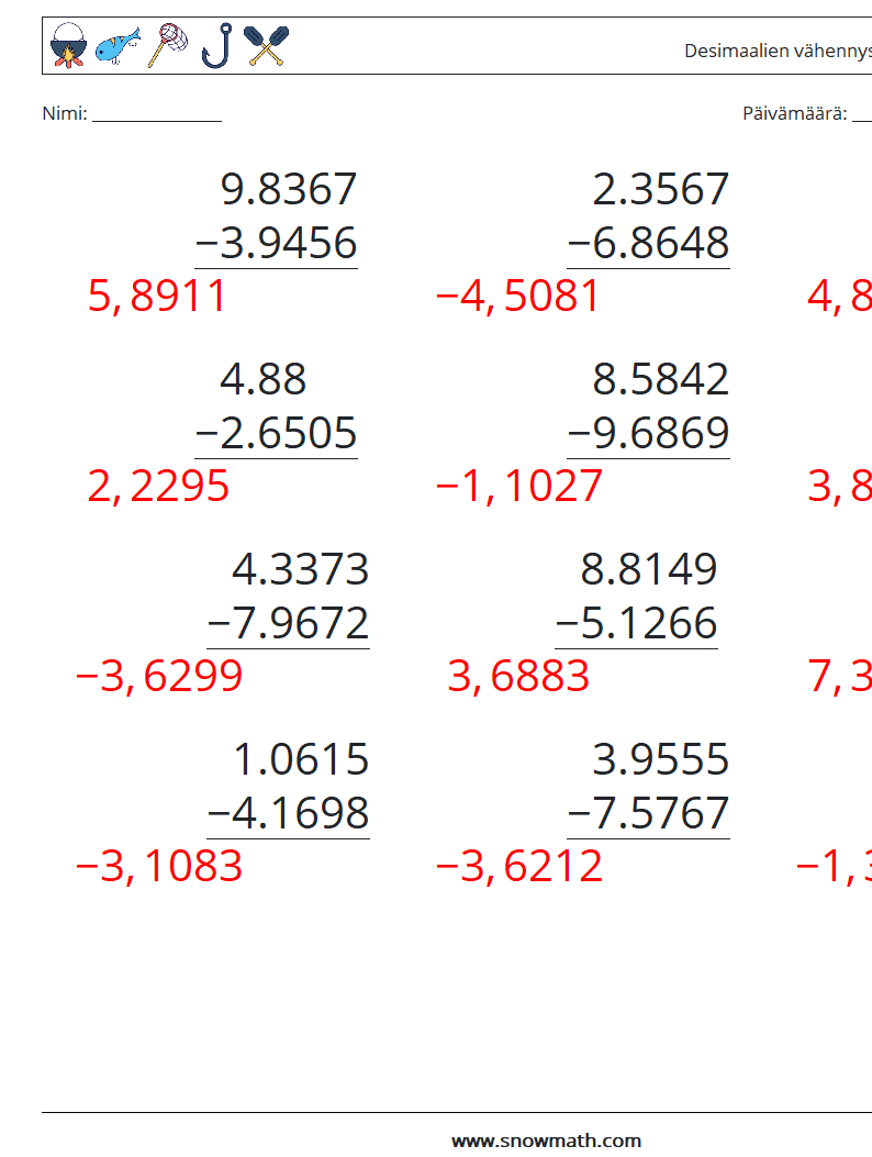 (12) Desimaalien vähennys (4 numeroa) Matematiikan laskentataulukot 11 Kysymys, vastaus