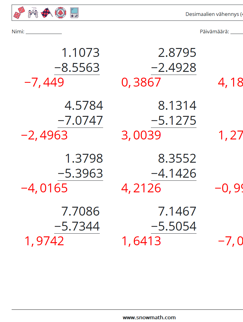 (12) Desimaalien vähennys (4 numeroa) Matematiikan laskentataulukot 12 Kysymys, vastaus