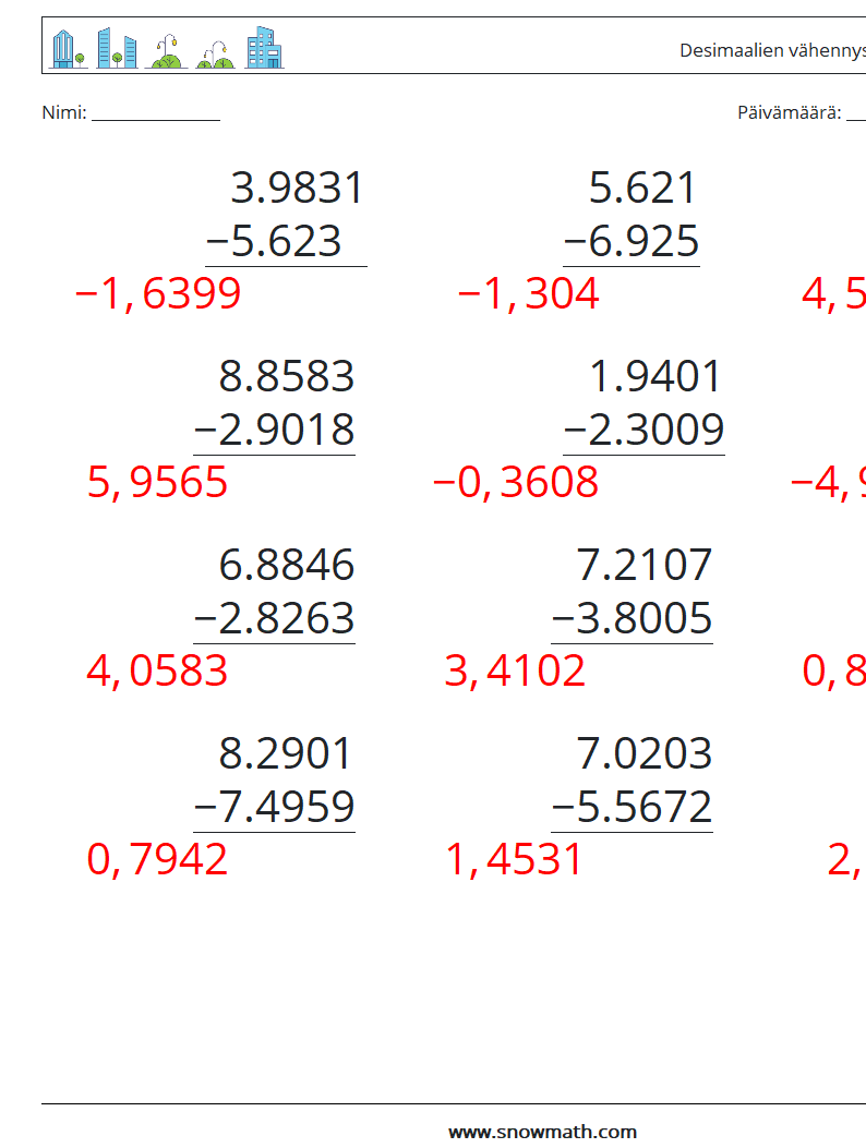 (12) Desimaalien vähennys (4 numeroa) Matematiikan laskentataulukot 14 Kysymys, vastaus