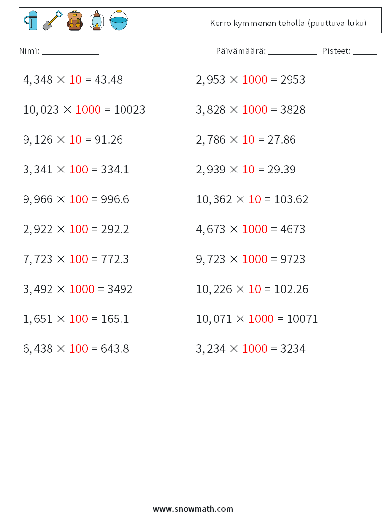 Kerro kymmenen teholla (puuttuva luku) Matematiikan laskentataulukot 18 Kysymys, vastaus